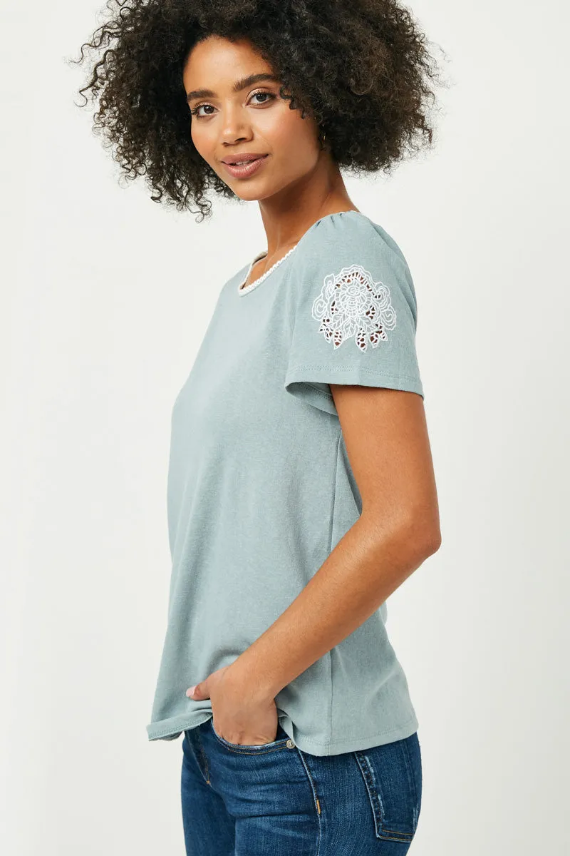 Womens Lace Trim Round Neck Embroidered Sleeve Top sold by Hayden