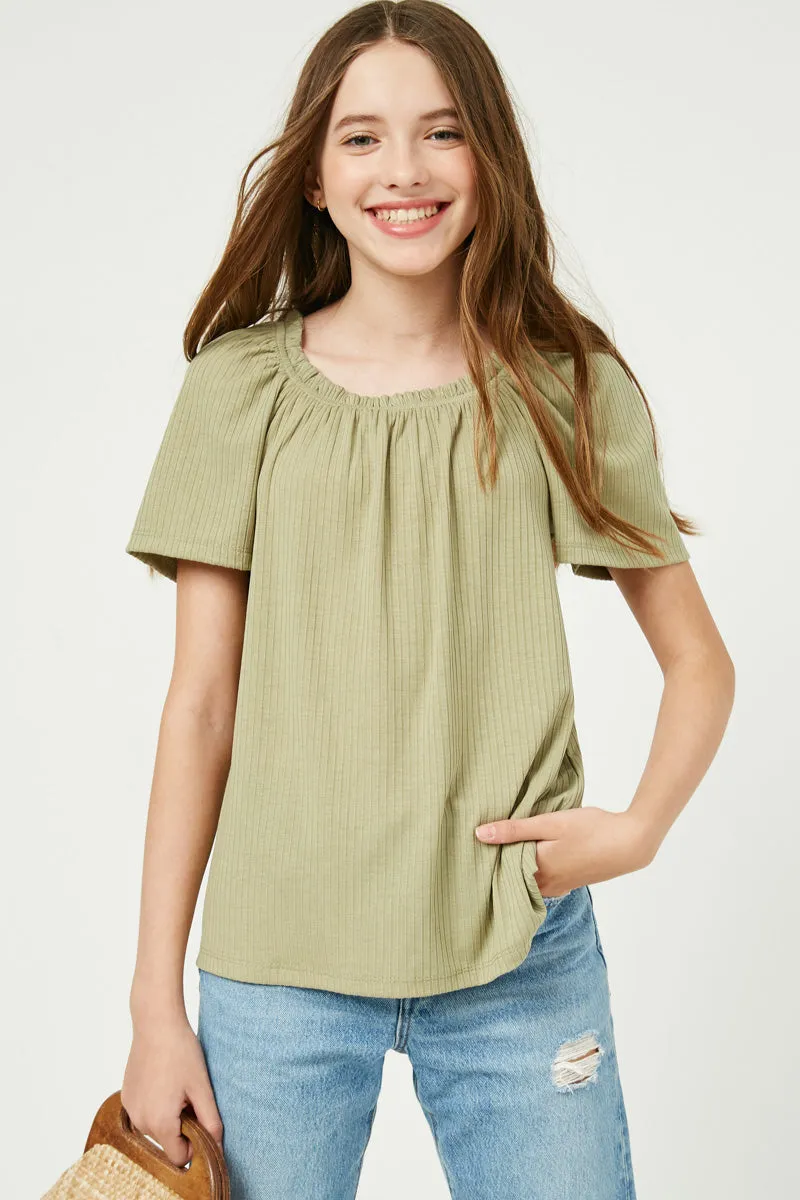 Ruffled Wide Neck Ribbed Knit Top sold by Hayden