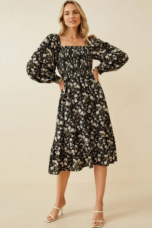 Womens Long Sleeve Smocked Bodice Midi Dress sold by Hayden