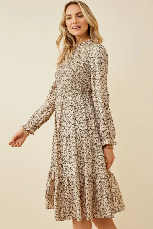 Womens Smocked Ruffle Neck Midi Dress sold by Hayden