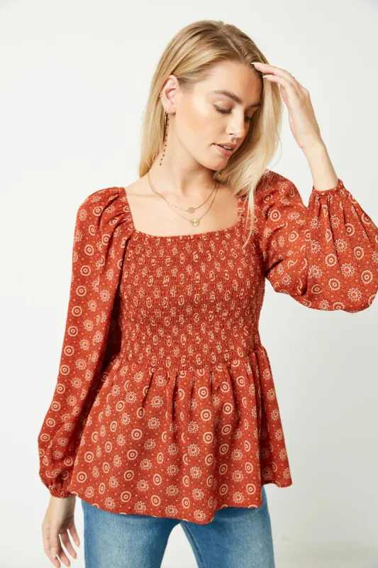 Womens Puff Sleeve Smocked Peplum Top sold by Hayden