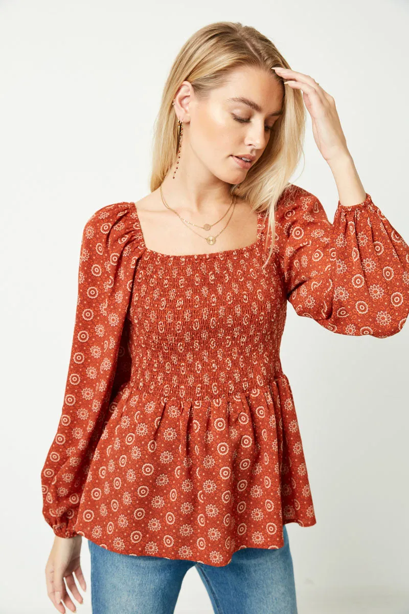 Womens Puff Sleeve Smocked Peplum Top sold by Hayden