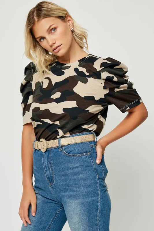 Womens Camo Puff Sleeve Top sold by Hayden