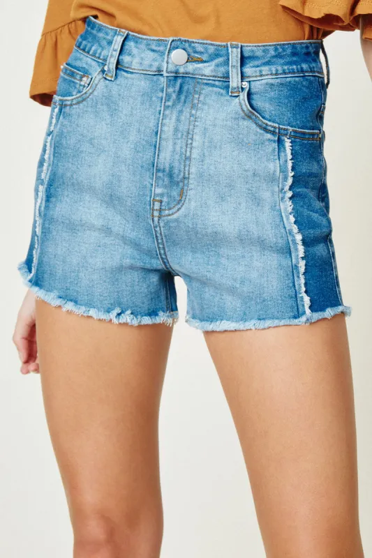 Womens Frayed Colorblock Denim Shorts sold by Hayden