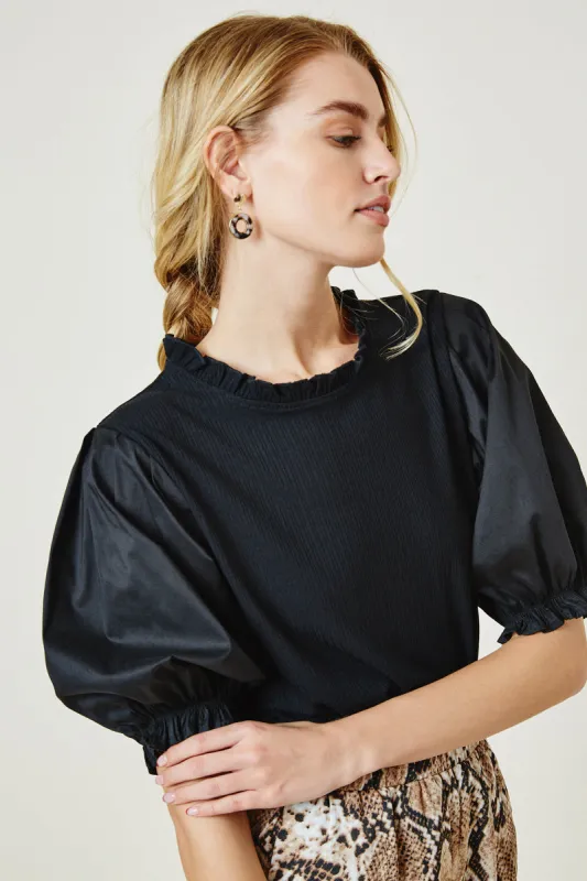 Womens Ribbed Mock Neck Puff Sleeve Top sold by Hayden