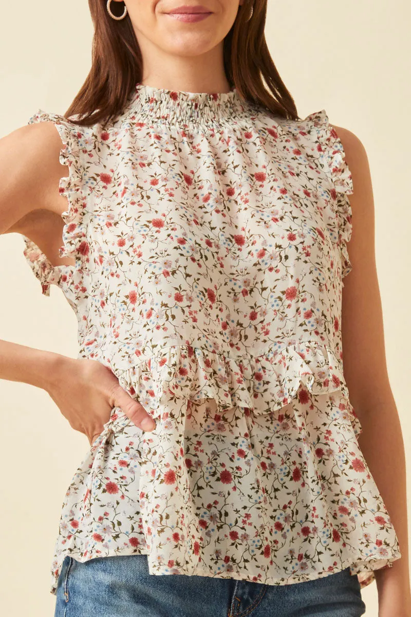 Womens Sleeveless Floral Smock Neck Ruffle Top sold by Hayden product image thumbnail 3