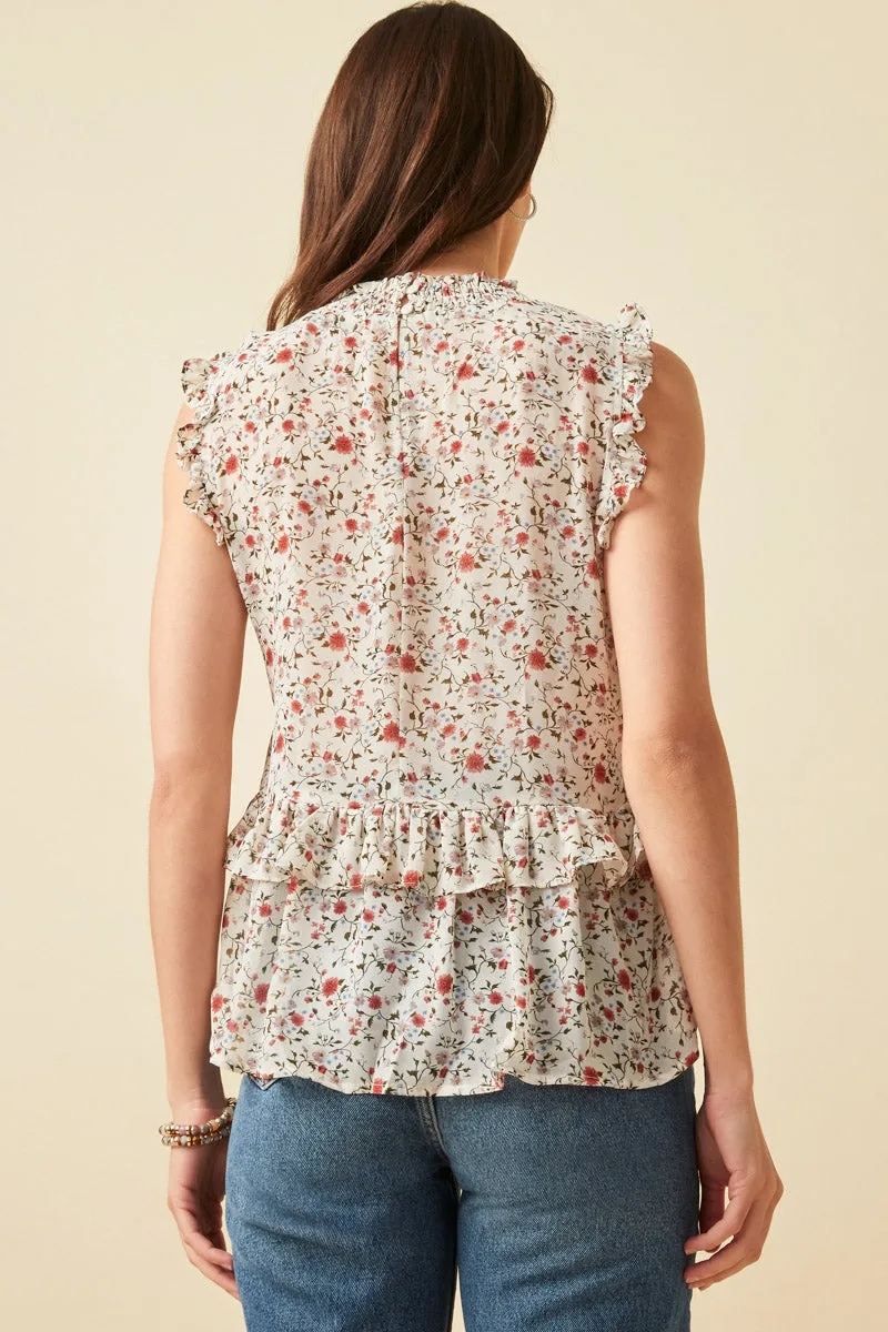 Womens Sleeveless Floral Smock Neck Ruffle Top sold by Hayden product image thumbnail 4