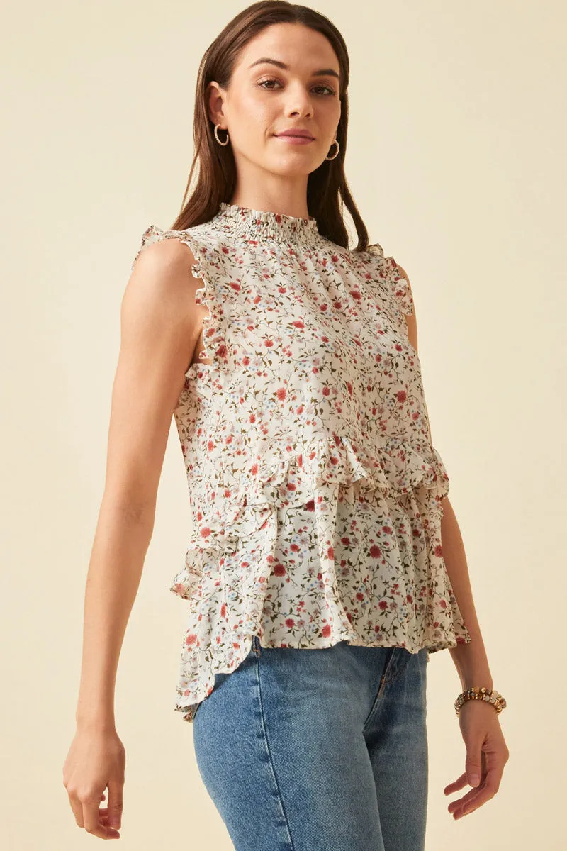 Womens Sleeveless Floral Smock Neck Ruffle Top sold by Hayden product image thumbnail 5