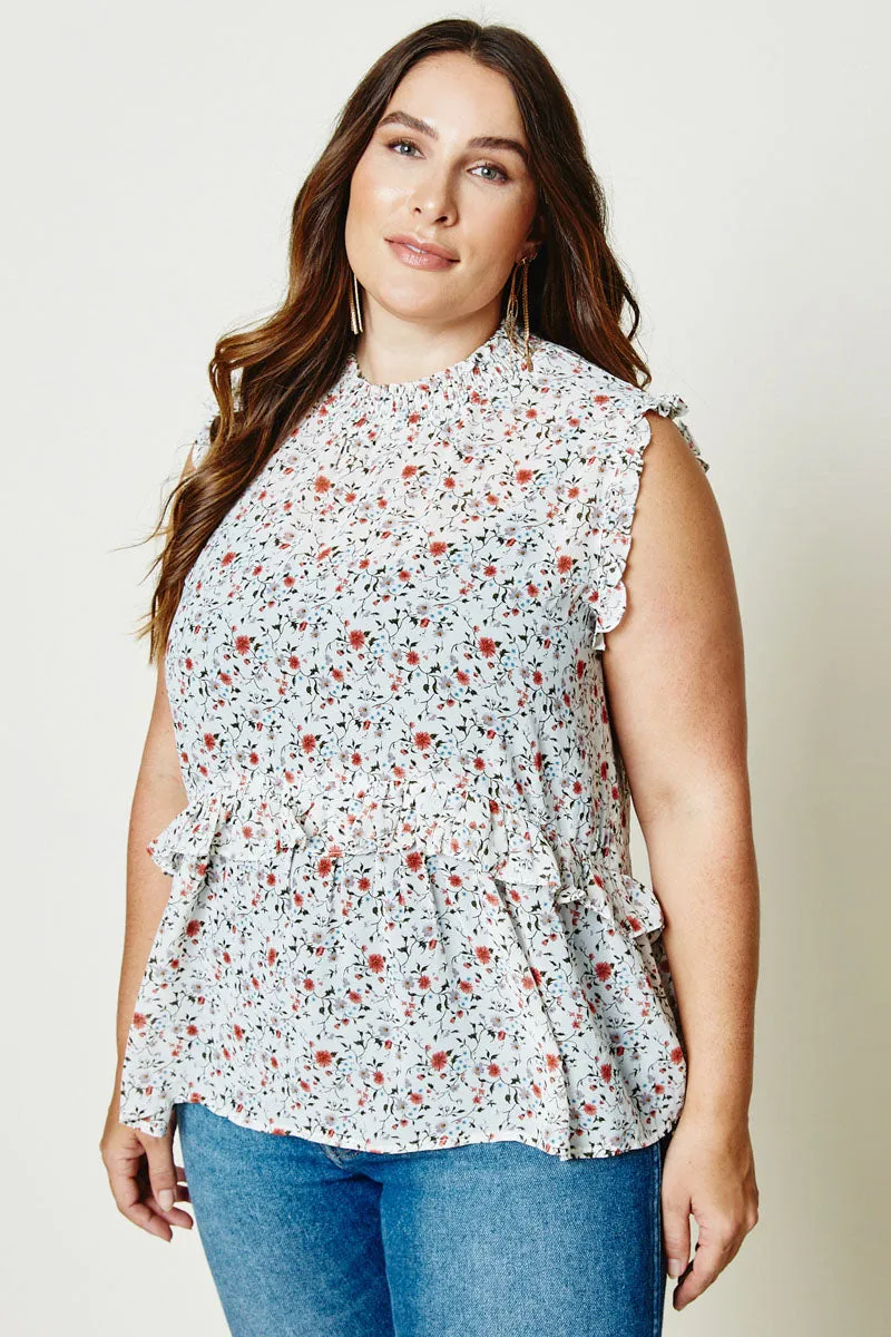 Womens Sleeveless Floral Smock Neck Ruffle Top sold by Hayden product image thumbnail 2