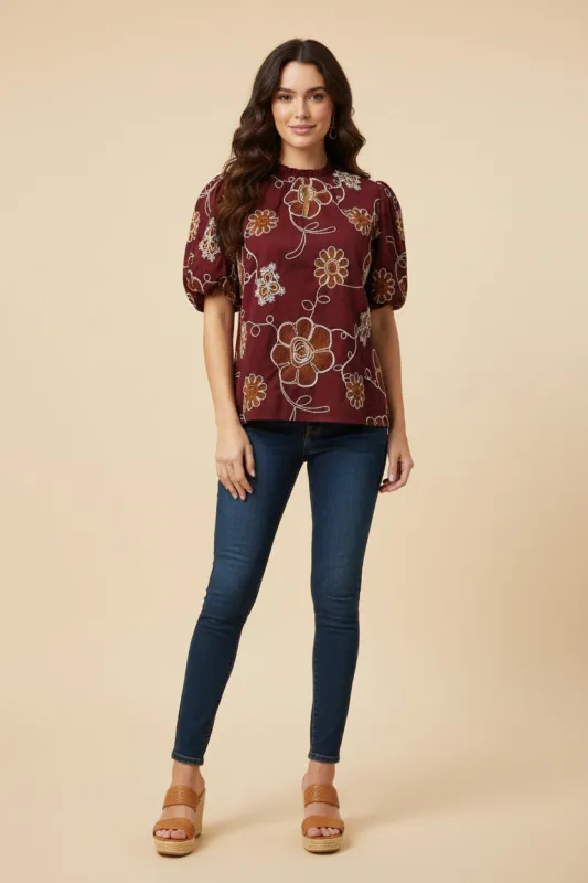 Womens Daisy Embroidered Puff Sleeve Top sold by Hayden