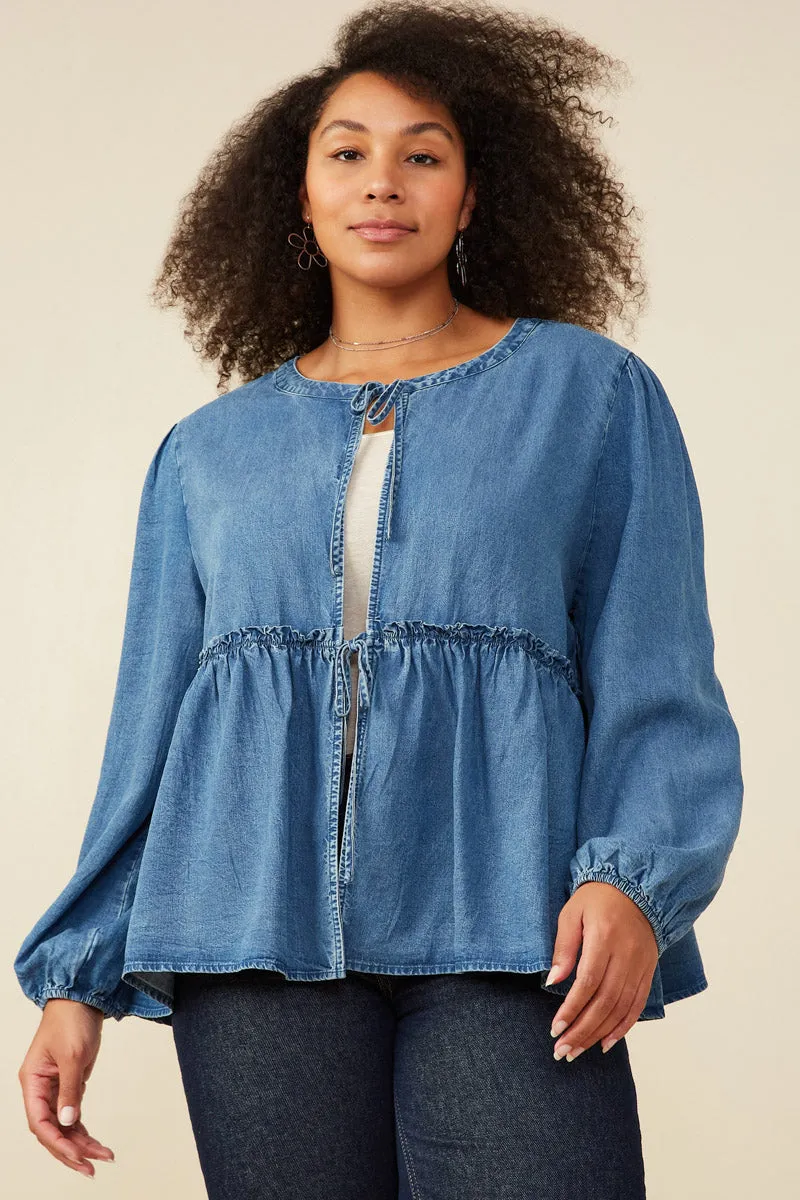 Womens Ruffle Detail Tie Front Denim Cardigan sold by Hayden product image thumbnail 2