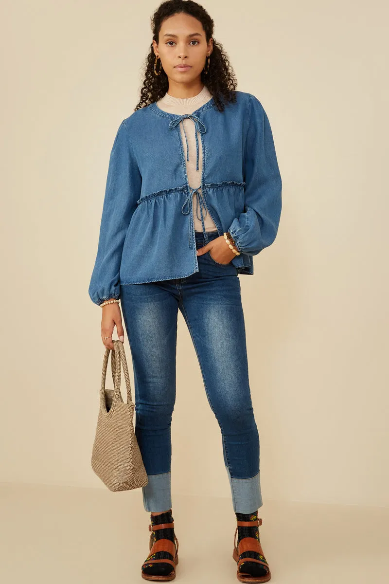 Womens Ruffle Detail Tie Front Denim Cardigan sold by Hayden product image thumbnail 3