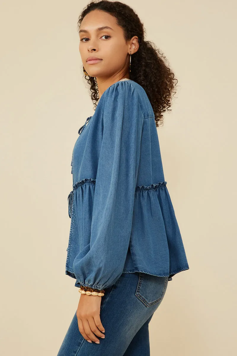 Womens Ruffle Detail Tie Front Denim Cardigan sold by Hayden product image thumbnail 4