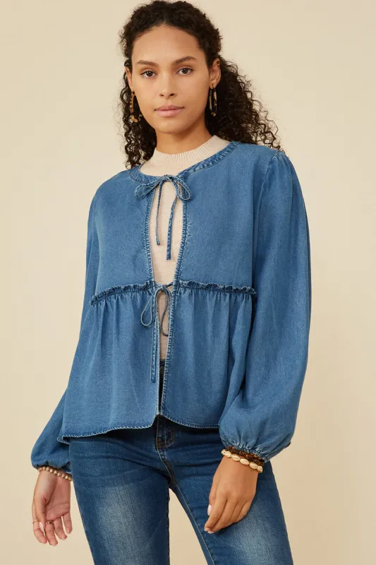 Womens Ruffle Detail Tie Front Denim Cardigan sold by Hayden