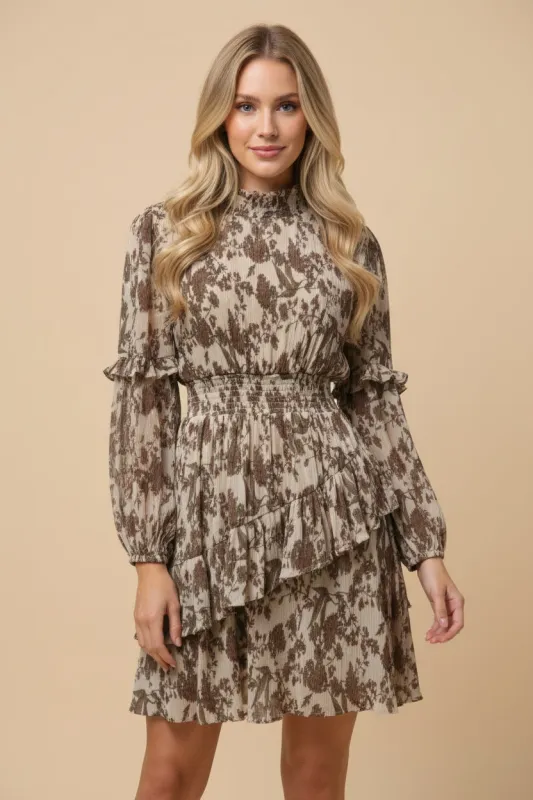 Womens Pleat Textured Antique Floral Ruffle Detail Dress made by Hayden