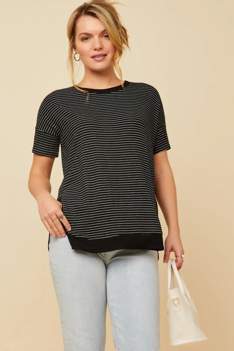 Womens Ribbed Stripe Shirt Tail Banded Dolman Top sold by Hayden