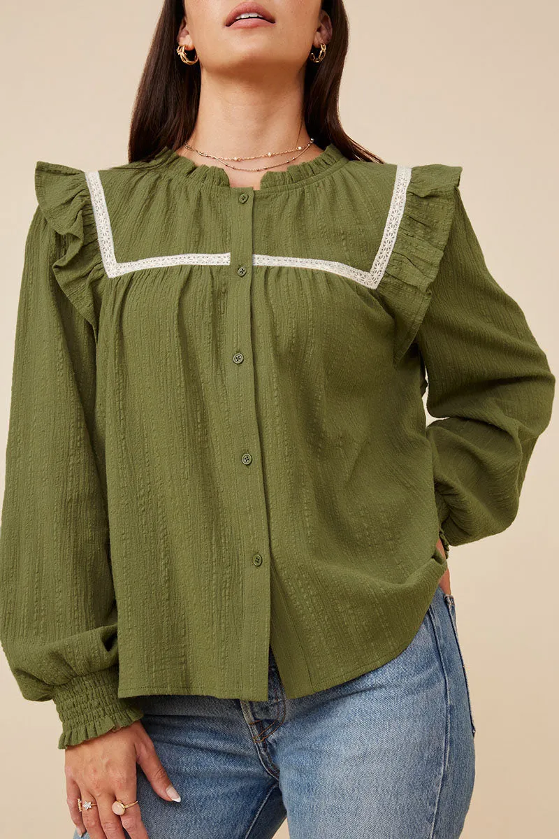 Womens Lace Insert Ruffled Detail Textured Shirt sold by Hayden product image thumbnail 4