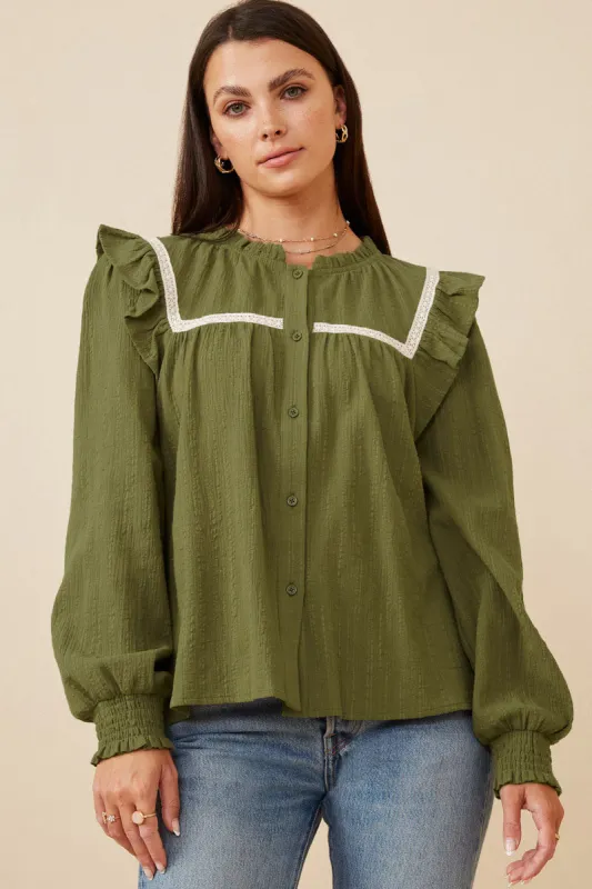 Womens Lace Insert Ruffled Detail Textured Shirt made by Hayden
