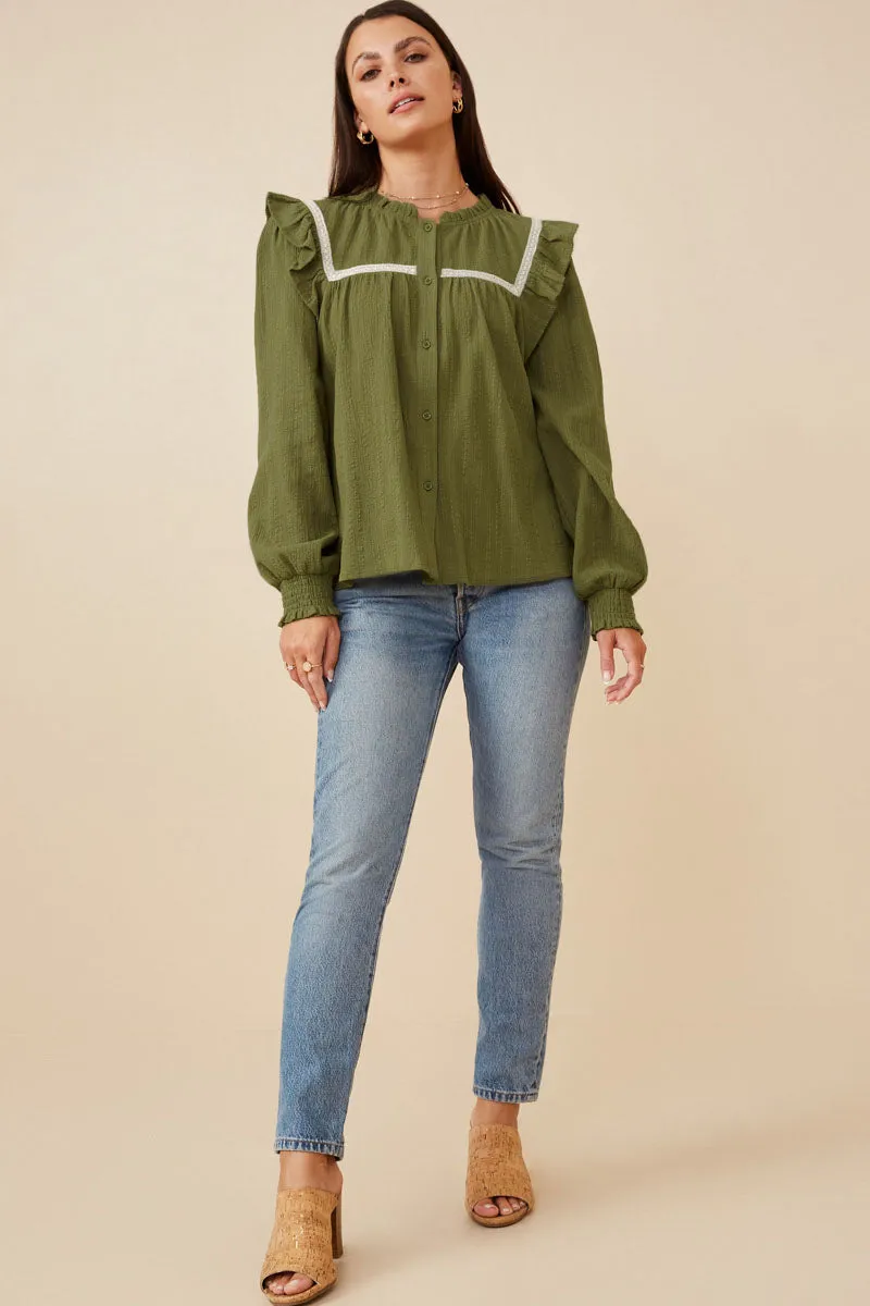 Womens Lace Insert Ruffled Detail Textured Shirt sold by Hayden product image thumbnail 3