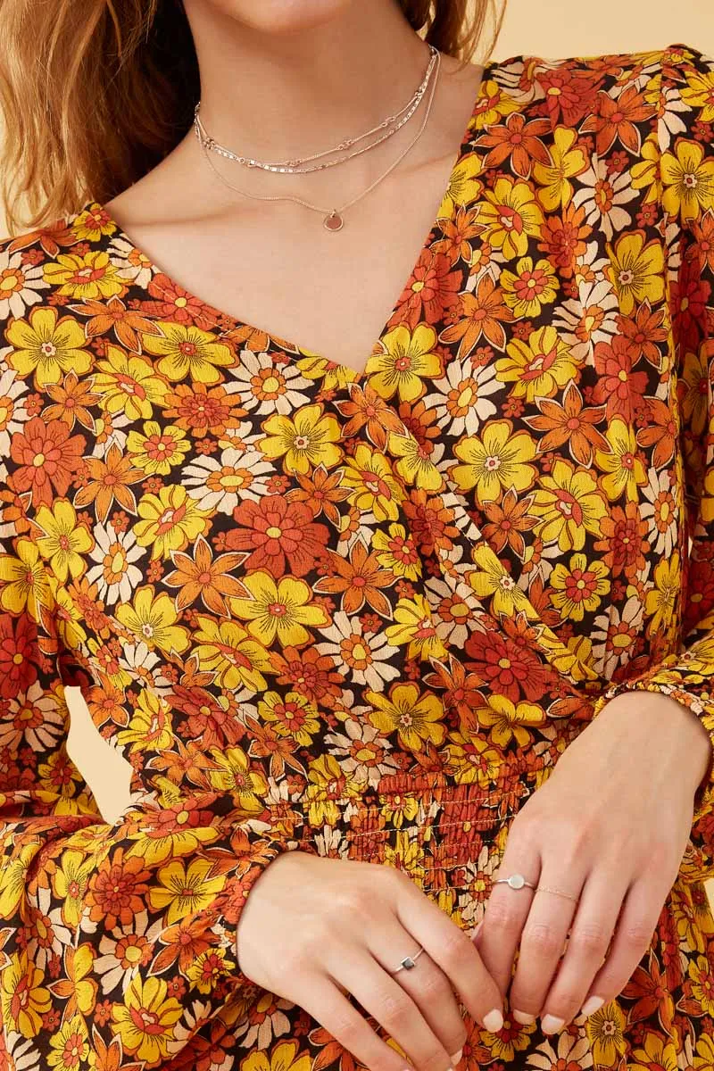 Womens Floral Smocked Waist Long Sleeve Surplice Dress sold by Hayden product image thumbnail 4