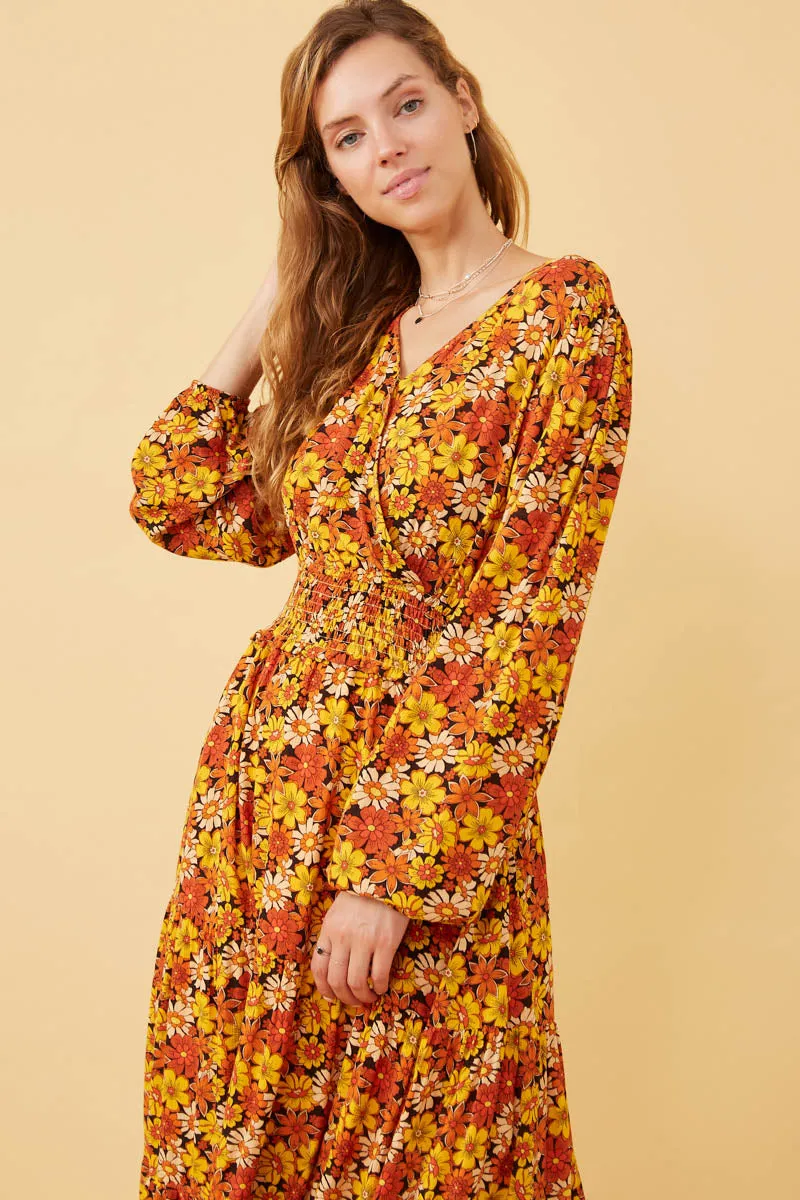Womens Floral Smocked Waist Long Sleeve Surplice Dress sold by Hayden product image thumbnail 3