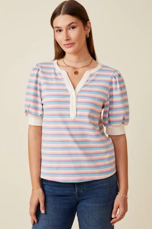 Womens Contrast Banded Button Detail Ribbed Knit Stripe Top sold by Hayden