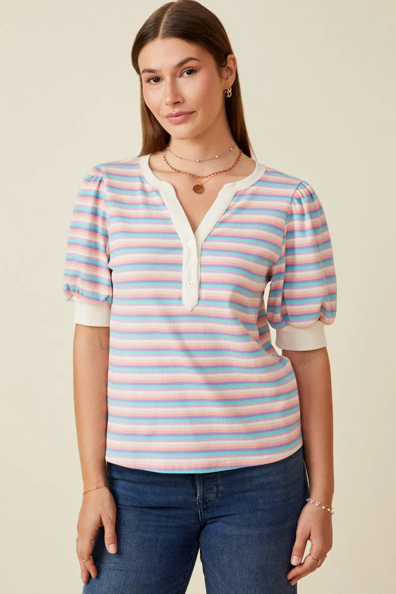 Womens Contrast Banded Button Detail Ribbed Knit Stripe Top sold by Hayden