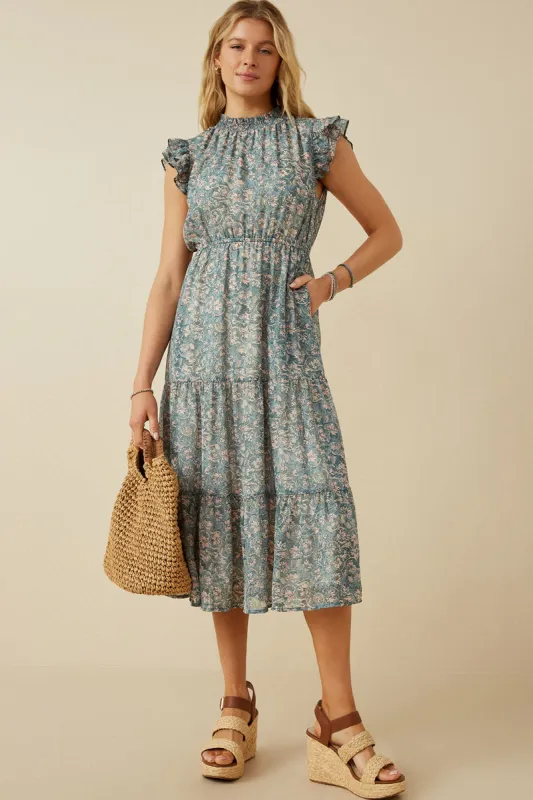 Womens Botanical Print Ruffle Detail Chiffon Dress sold by Hayden