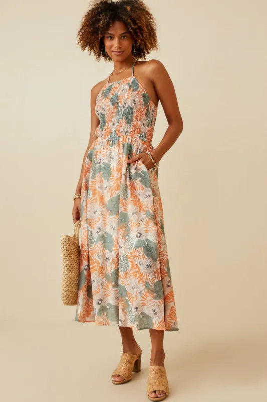 Womens Textured Island Print Smocked Halter Dress sold by Hayden