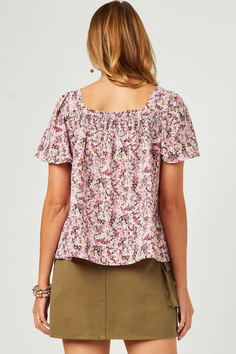 Womens Floral Print Flutter Sleeve Smocked Square Neck Top sold by Hayden product image thumbnail 5