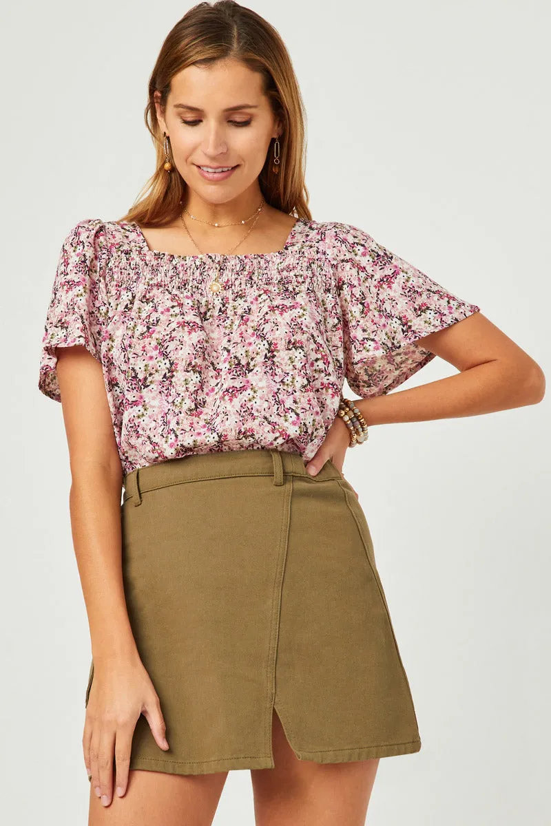 Womens Floral Print Flutter Sleeve Smocked Square Neck Top sold by Hayden product image thumbnail 4