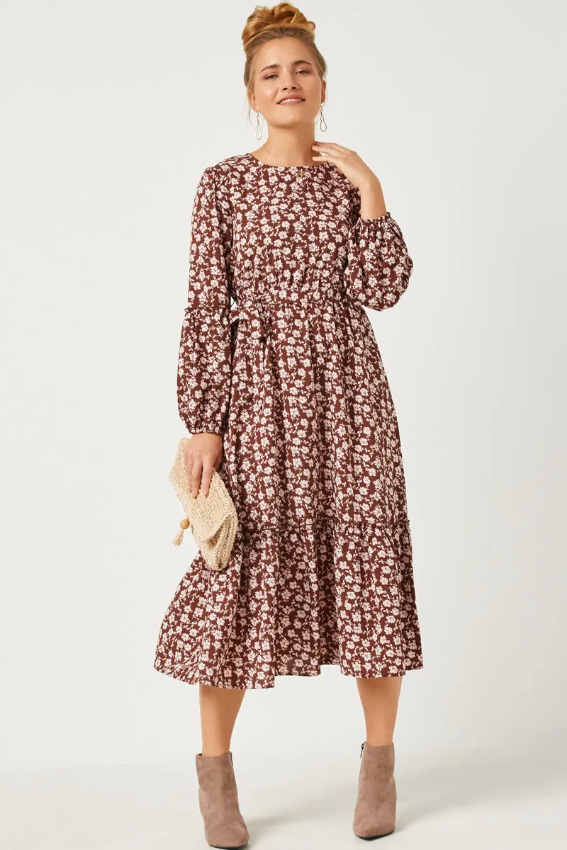 Womens Floral Print Ruffled Balloon Sleeve Belted Midi Dress sold by Hayden