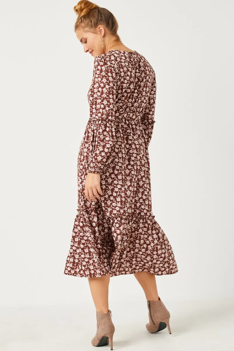 Womens Floral Print Ruffled Balloon Sleeve Belted Midi Dress sold by Hayden product image thumbnail 5