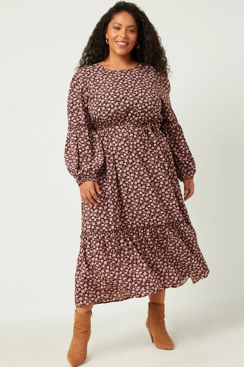 Womens Floral Print Ruffled Balloon Sleeve Belted Midi Dress sold by Hayden product image thumbnail 2