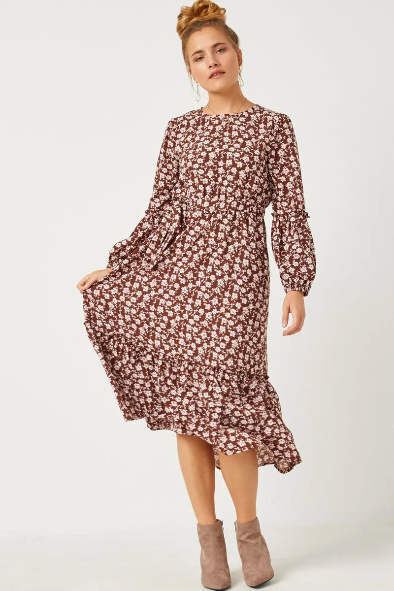 Womens Floral Print Ruffled Balloon Sleeve Belted Midi Dress sold by Hayden product image thumbnail 3