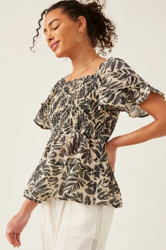 Womens Botanical Print Smocked Square Neck Peplum Top sold by Hayden