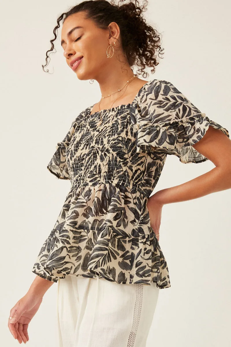 Womens Botanical Print Smocked Square Neck Peplum Top sold by Hayden