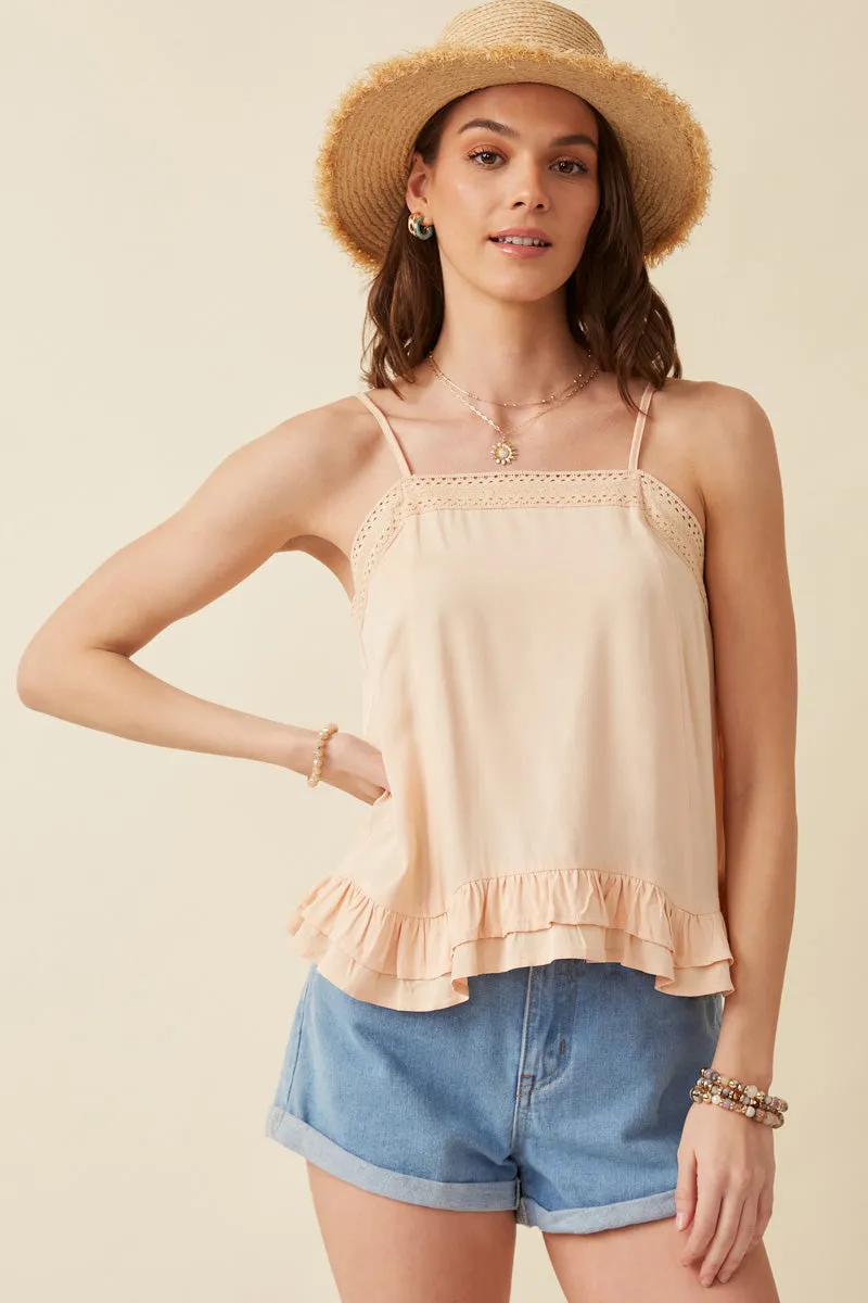 Womens Lace Trim Ruffled Hem Tank sold by Hayden