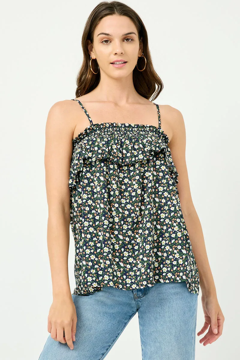 Womens Smocked Floral Ruffle Tank sold by Hayden