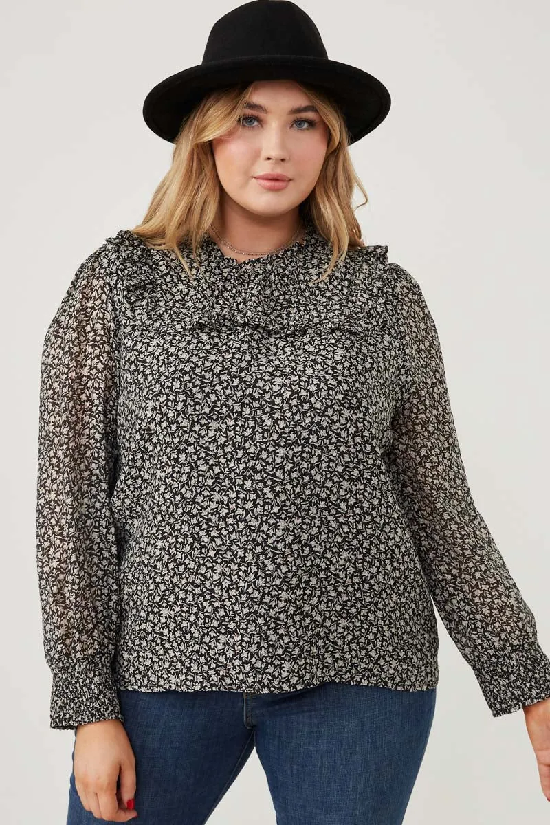 Womens Ditsy Floral Ruffled Bib Smocked Cuff Top sold by Hayden product image thumbnail 2