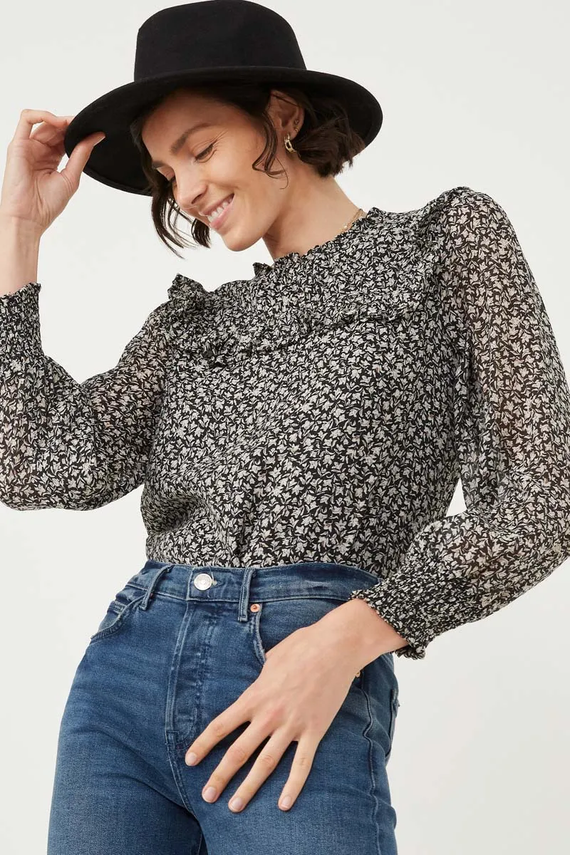 Womens Ditsy Floral Ruffled Bib Smocked Cuff Top sold by Hayden