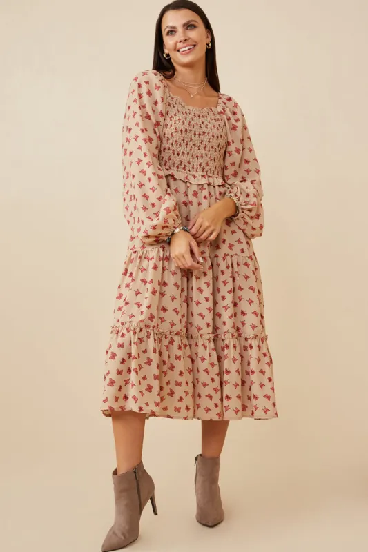 Womens Ditsy Butterfly Print Smocked Midi Dress sold by Hayden