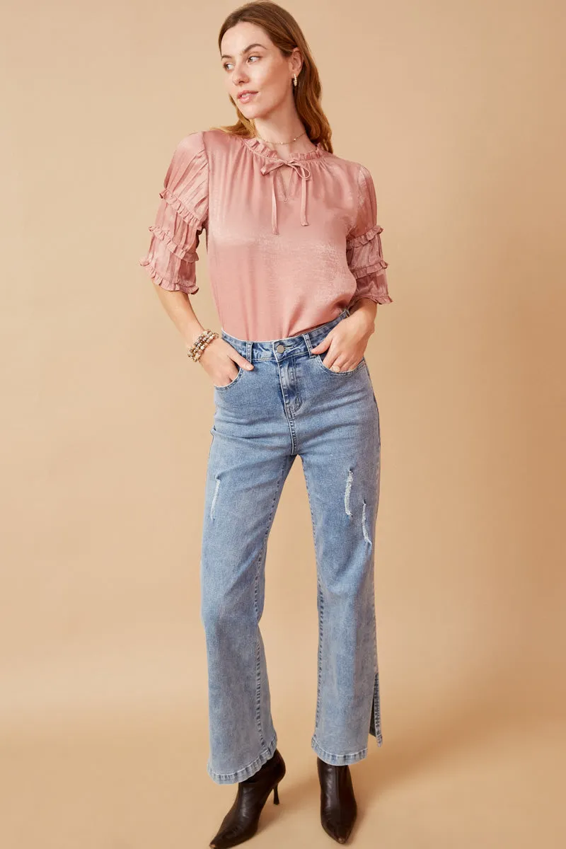 Womens Crushed Satin Pleated Sleeve Ruffled Top sold by Hayden product image thumbnail 3