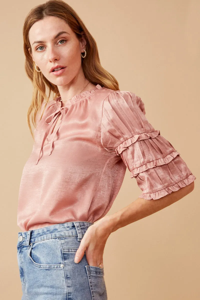 Womens Crushed Satin Pleated Sleeve Ruffled Top sold by Hayden product image thumbnail 4