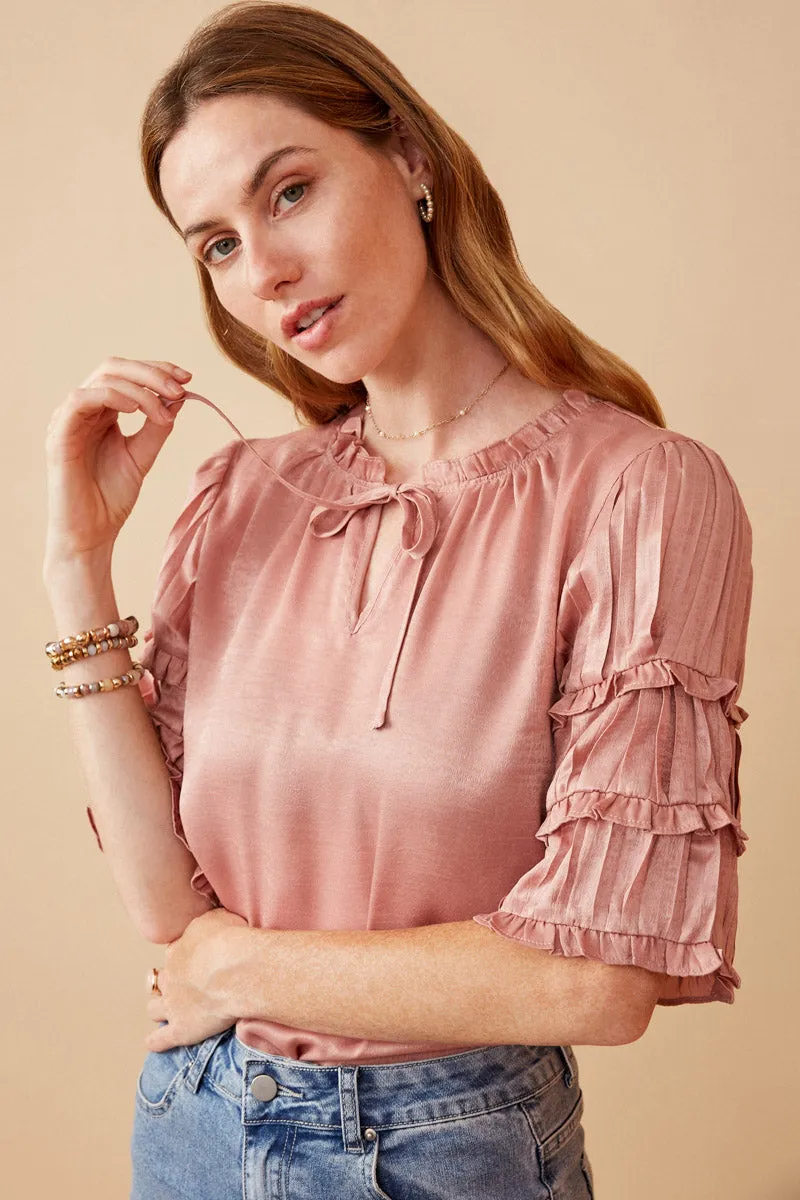Womens Crushed Satin Pleated Sleeve Ruffled Top sold by Hayden