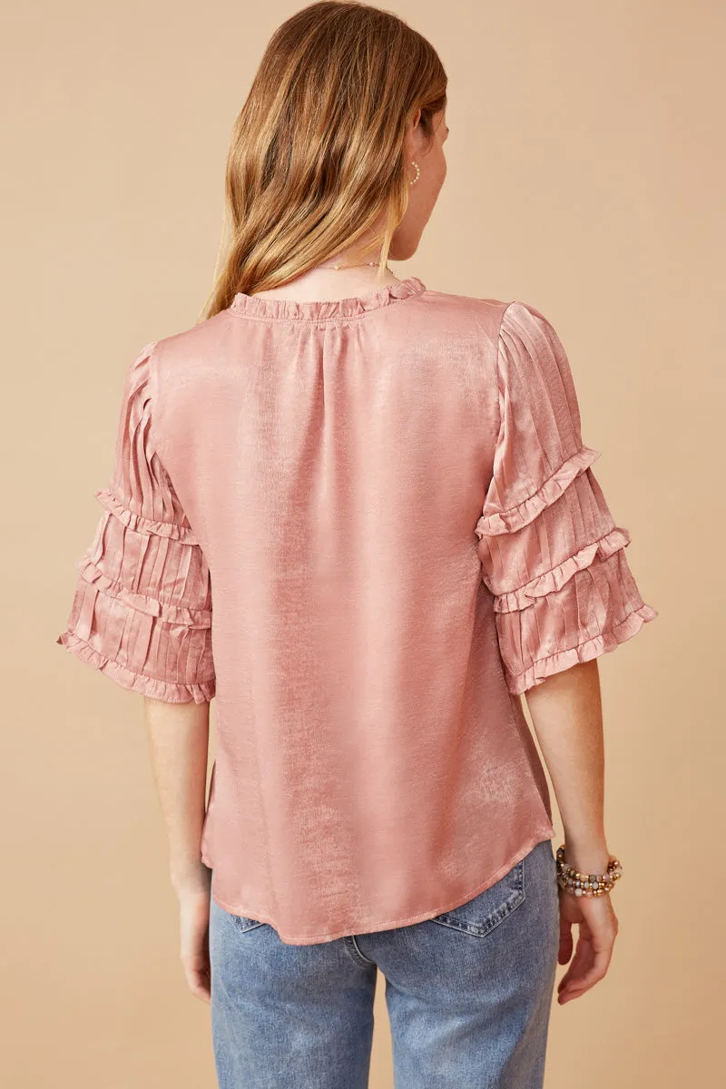 Womens Crushed Satin Pleated Sleeve Ruffled Top sold by Hayden product image thumbnail 5