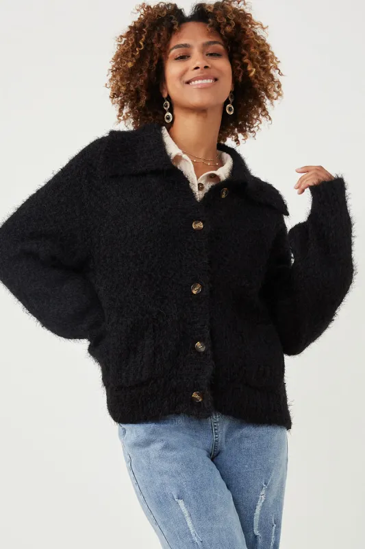 Womens Fuzzy Popcorn Knit Button Up Collared Sweater Cardigan sold by Hayden
