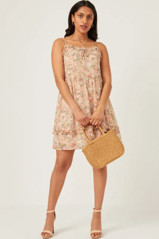 Womens Romantic Floral Ruffled Tie Detail Sleeveless Tank Dress sold by Hayden