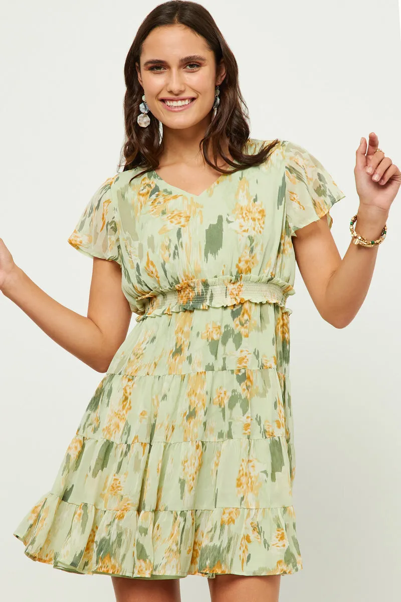Womens Watercolor Print Smocked Waist Flutter Sleeve Tiered Dress sold by Hayden