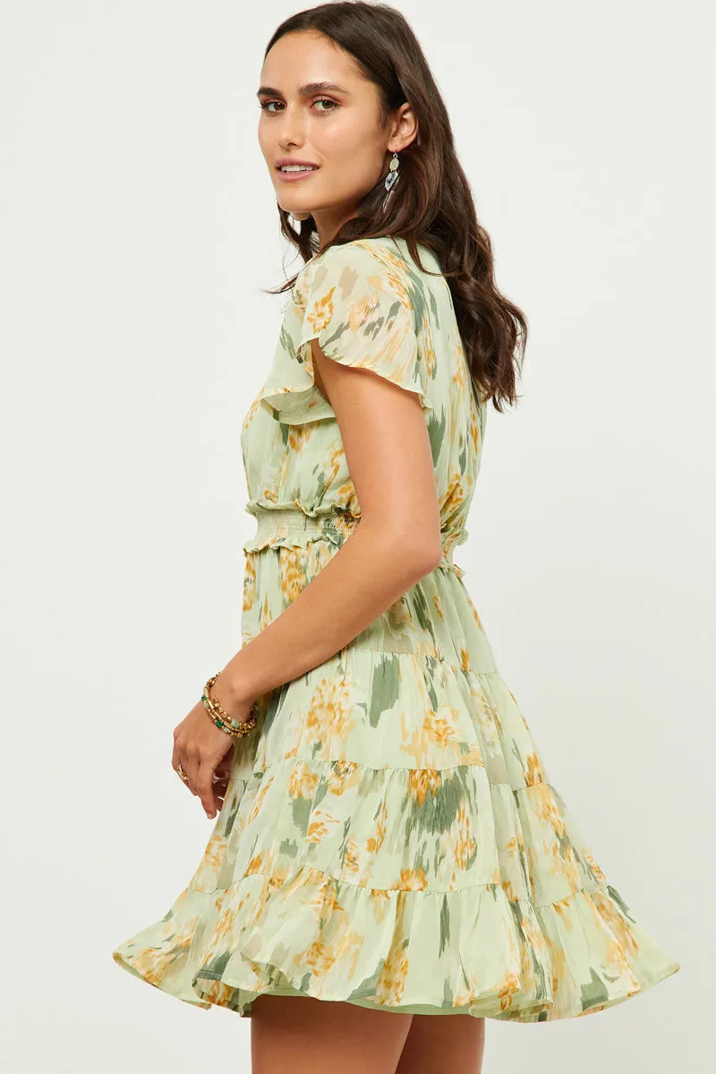 Womens Watercolor Print Smocked Waist Flutter Sleeve Tiered Dress sold by Hayden product image thumbnail 5